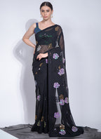 Vegaa Fashion Black Georgette Sequence Flower Work Saree | Grocsy