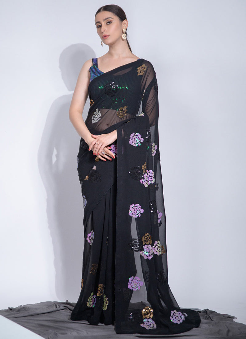Vegaa Fashion Black Georgette Sequence Flower Work Saree | Grocsy