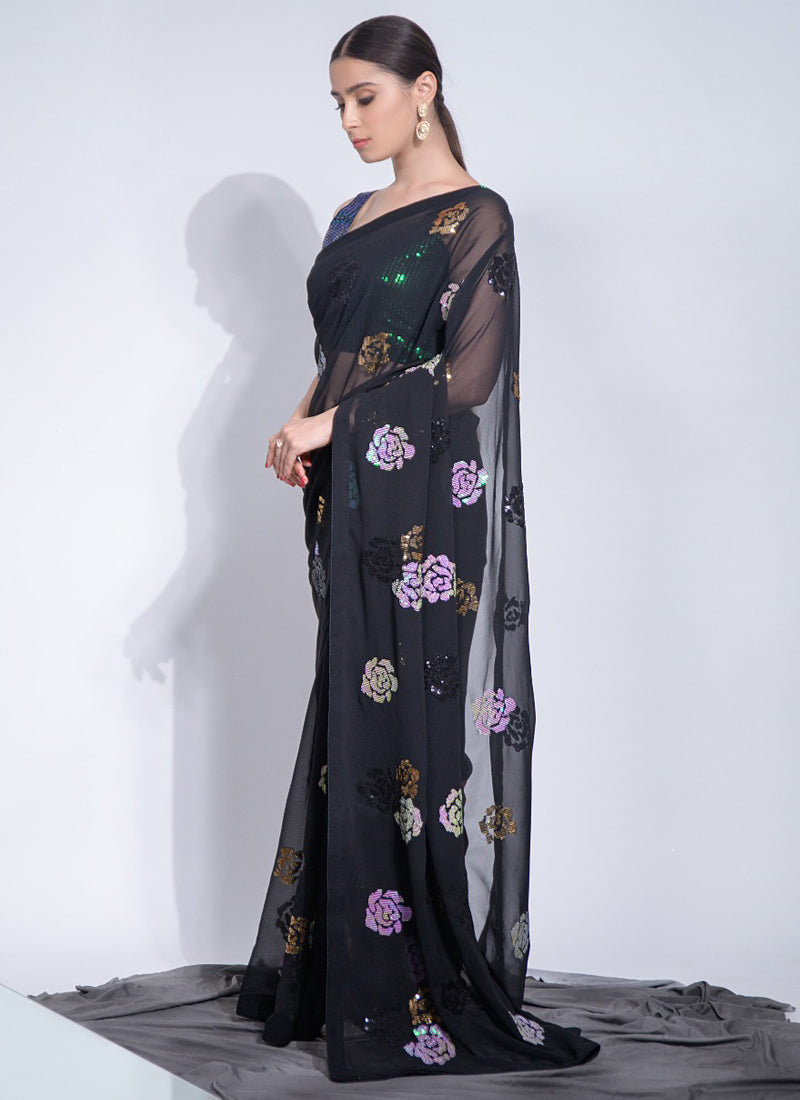 Vegaa Fashion Black Georgette Sequence Flower Work Saree | Grocsy