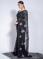 Vegaa Fashion Black Georgette Sequence Flower Work Saree | Grocsy