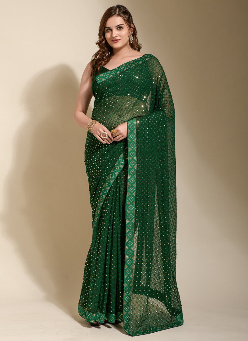 Vegaa Fashion Green Georgette Embroidered Party Wear Saree | Grocsy