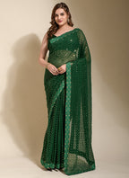Vegaa Fashion Green Georgette Embroidered Party Wear Saree | Grocsy