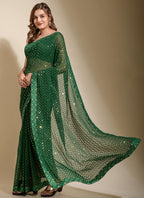 Vegaa Fashion Green Georgette Embroidered Party Wear Saree | Grocsy