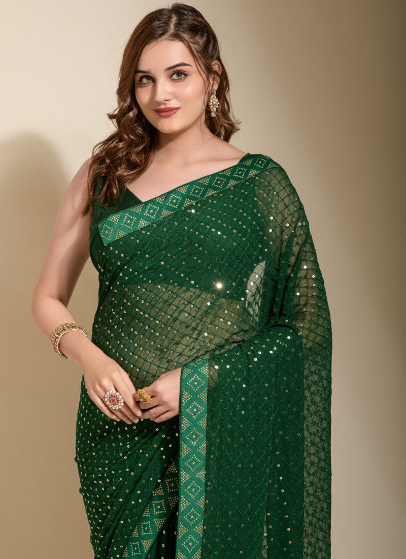 Vegaa Fashion Green Georgette Embroidered Party Wear Saree | Grocsy