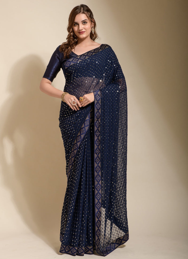 Vegaa Fashion Blue Georgette Embroidered Party Wear Saree | Grocsy