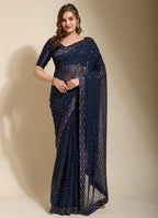 Vegaa Fashion Blue Georgette Embroidered Party Wear Saree | Grocsy