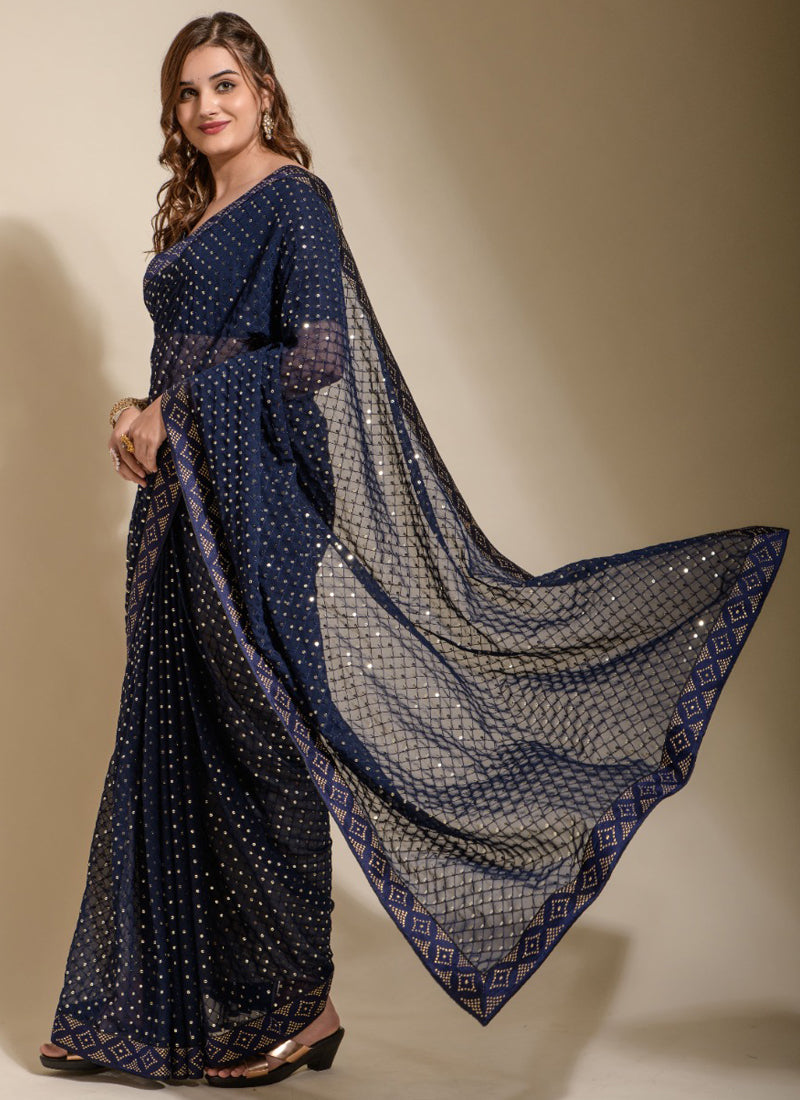 Vegaa Fashion Blue Georgette Embroidered Party Wear Saree | Grocsy