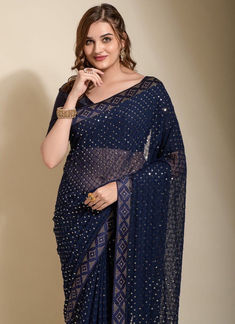 Vegaa Fashion Blue Georgette Embroidered Party Wear Saree | Grocsy