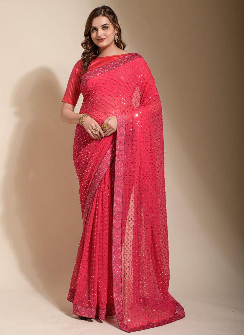 Vegaa Fashion Peach Georgette Embroidered Party Wear Saree | Grocsy