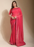 Vegaa Fashion Peach Georgette Embroidered Party Wear Saree | Grocsy