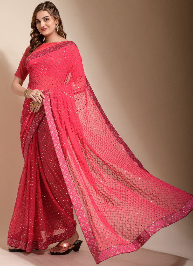 Vegaa Fashion Peach Georgette Embroidered Party Wear Saree | Grocsy