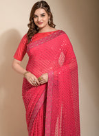 Vegaa Fashion Peach Georgette Embroidered Party Wear Saree | Grocsy