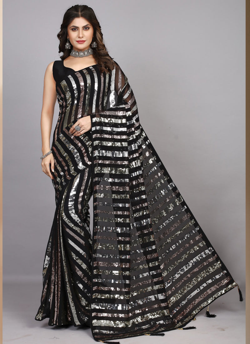 Vegaa Fashion Black Georgette Embroidered Party Wear Saree | Grocsy