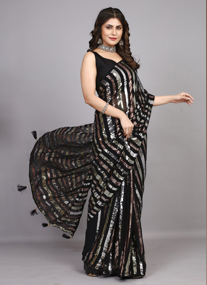Vegaa Fashion Black Georgette Embroidered Party Wear Saree | Grocsy