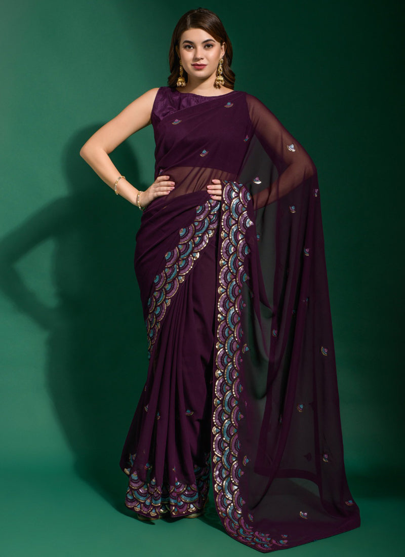 Vegaa Fashion Purple Georgette Embroidered Party Wear Saree | Grocsy