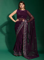 Vegaa Fashion Purple Georgette Embroidered Party Wear Saree | Grocsy