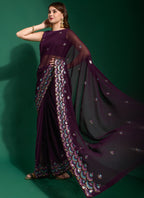 Vegaa Fashion Purple Georgette Embroidered Party Wear Saree | Grocsy