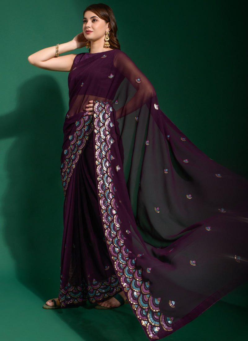 Vegaa Fashion Purple Georgette Embroidered Party Wear Saree | Grocsy