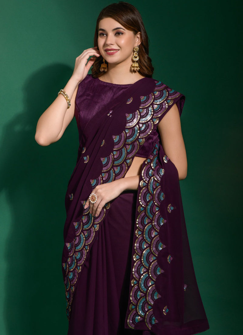 Vegaa Fashion Purple Georgette Embroidered Party Wear Saree | Grocsy