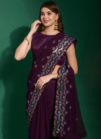 Vegaa Fashion Purple Georgette Embroidered Party Wear Saree | Grocsy