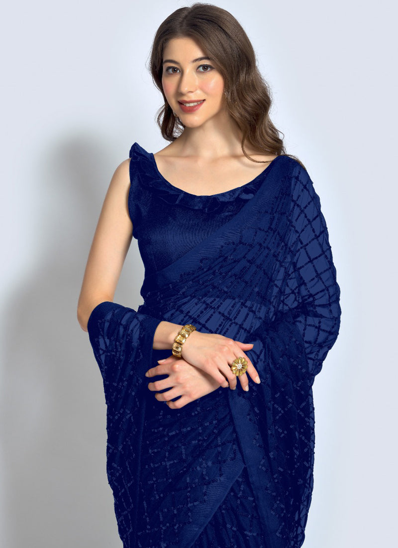 Vegaa Fashion Blue Georgette Sequence Party Wear Saree | Grocsy