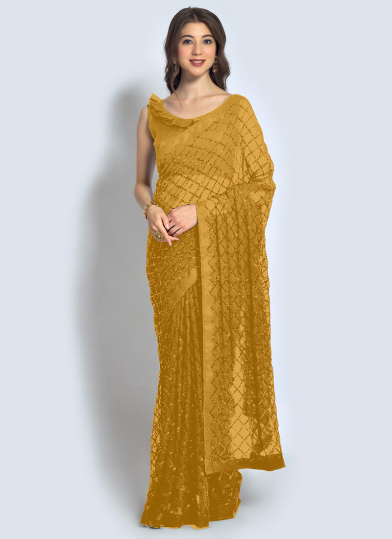 Vegaa Fashion Yellow Georgette Sequence Party Wear Saree | Grocsy