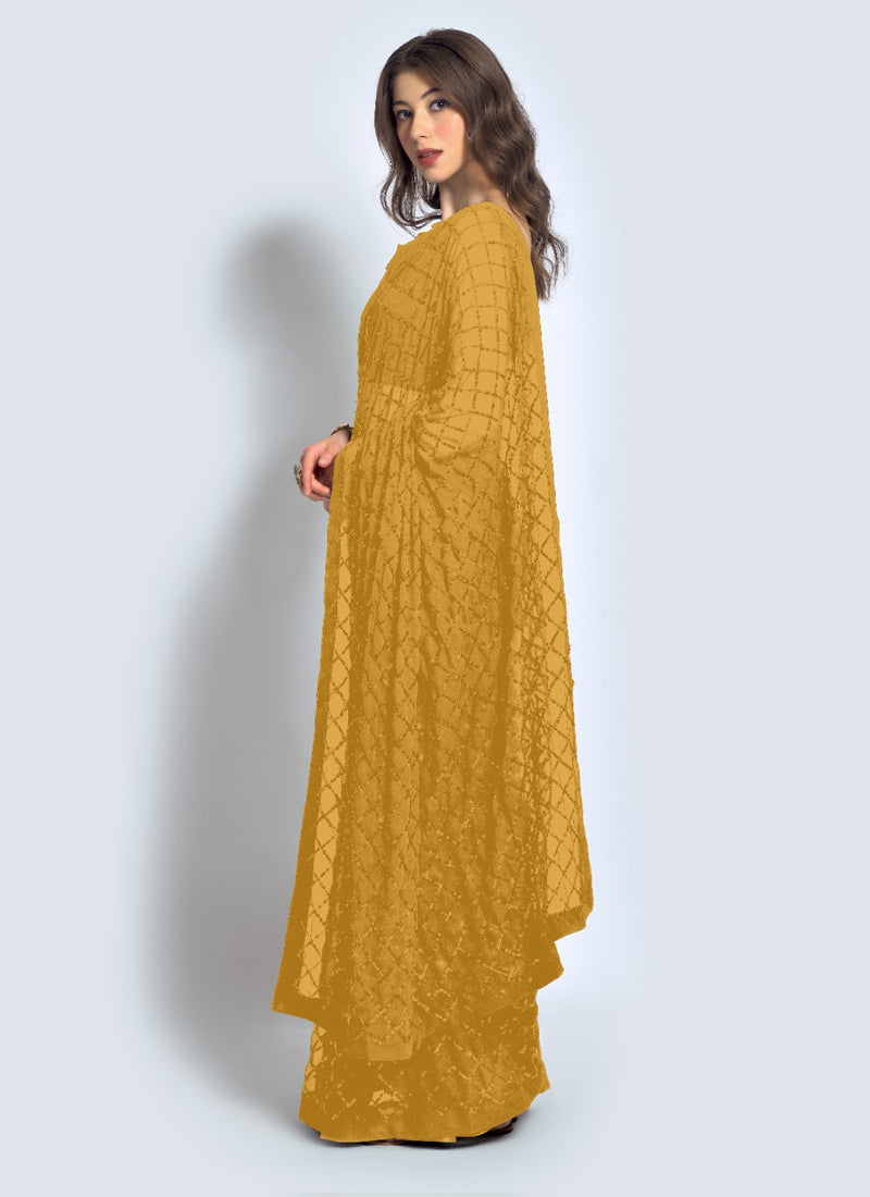 Vegaa Fashion Yellow Georgette Sequence Party Wear Saree | Grocsy