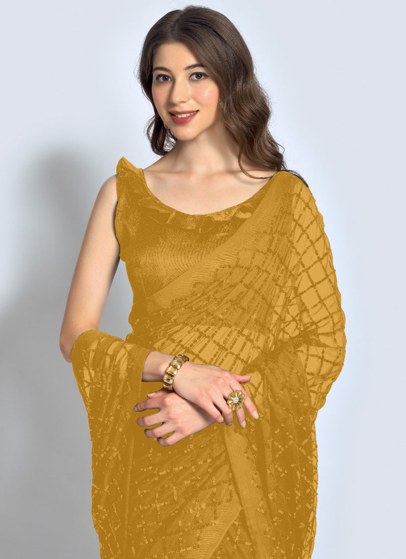 Vegaa Fashion Yellow Georgette Sequence Party Wear Saree | Grocsy
