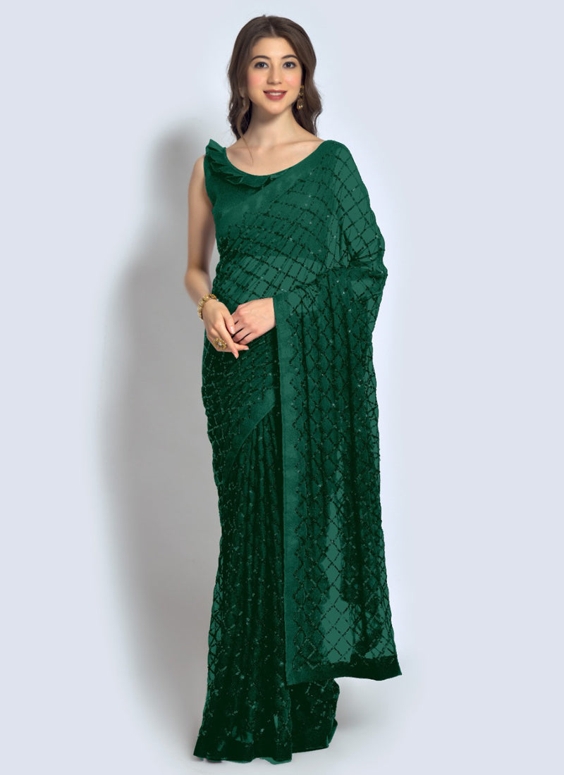 Vegaa Fashion Green Georgette Sequence Party Wear Saree | Grocsy
