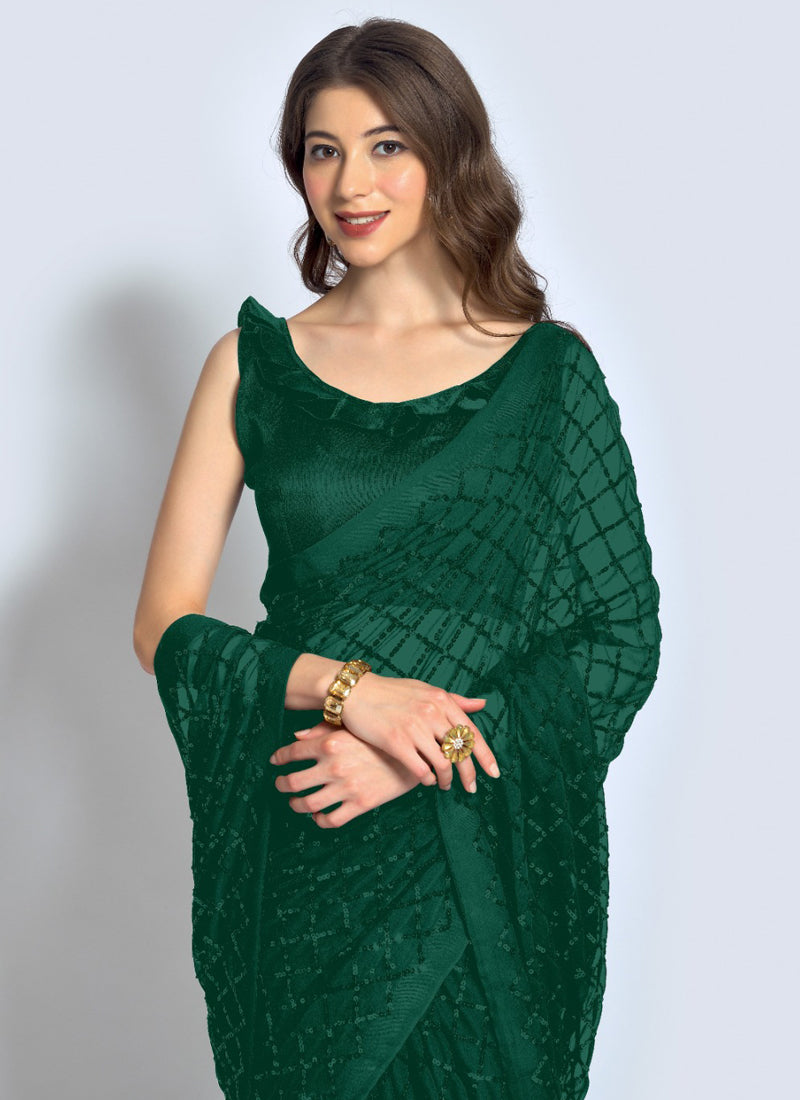 Vegaa Fashion Green Georgette Sequence Party Wear Saree | Grocsy