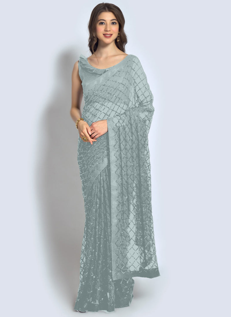 Vegaa Fashion Grey Georgette Sequence Party Wear Saree | Grocsy