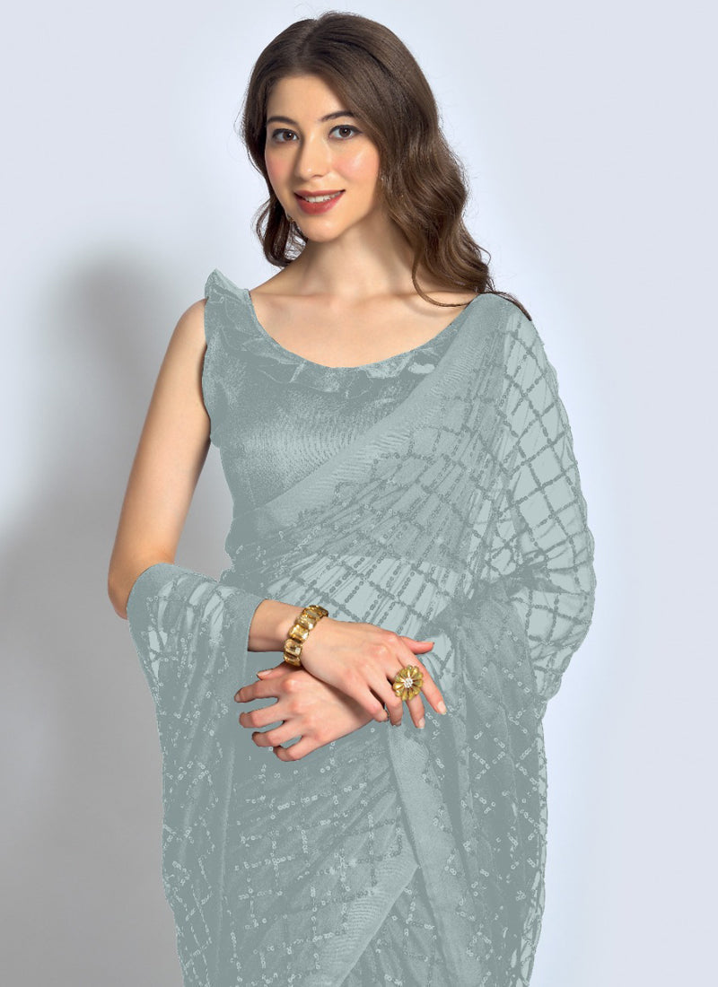 Vegaa Fashion Grey Georgette Sequence Party Wear Saree | Grocsy