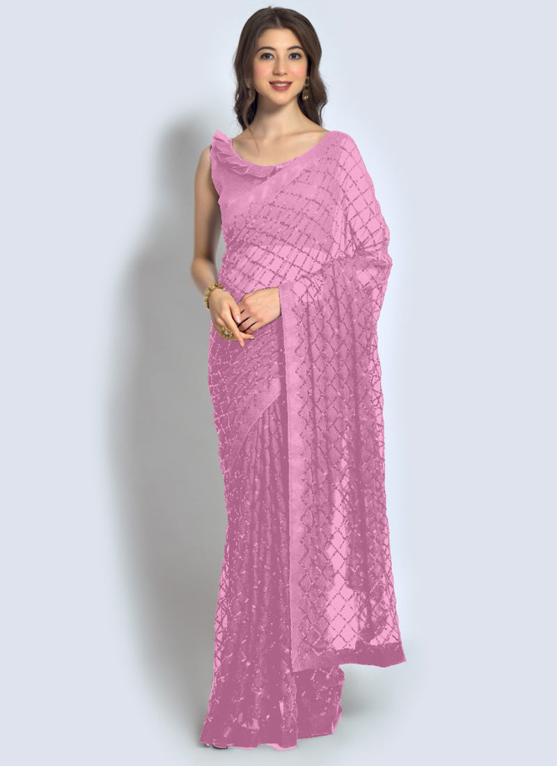 Vegaa Fashion Pink Georgette Sequence Party Wear Saree | Grocsy