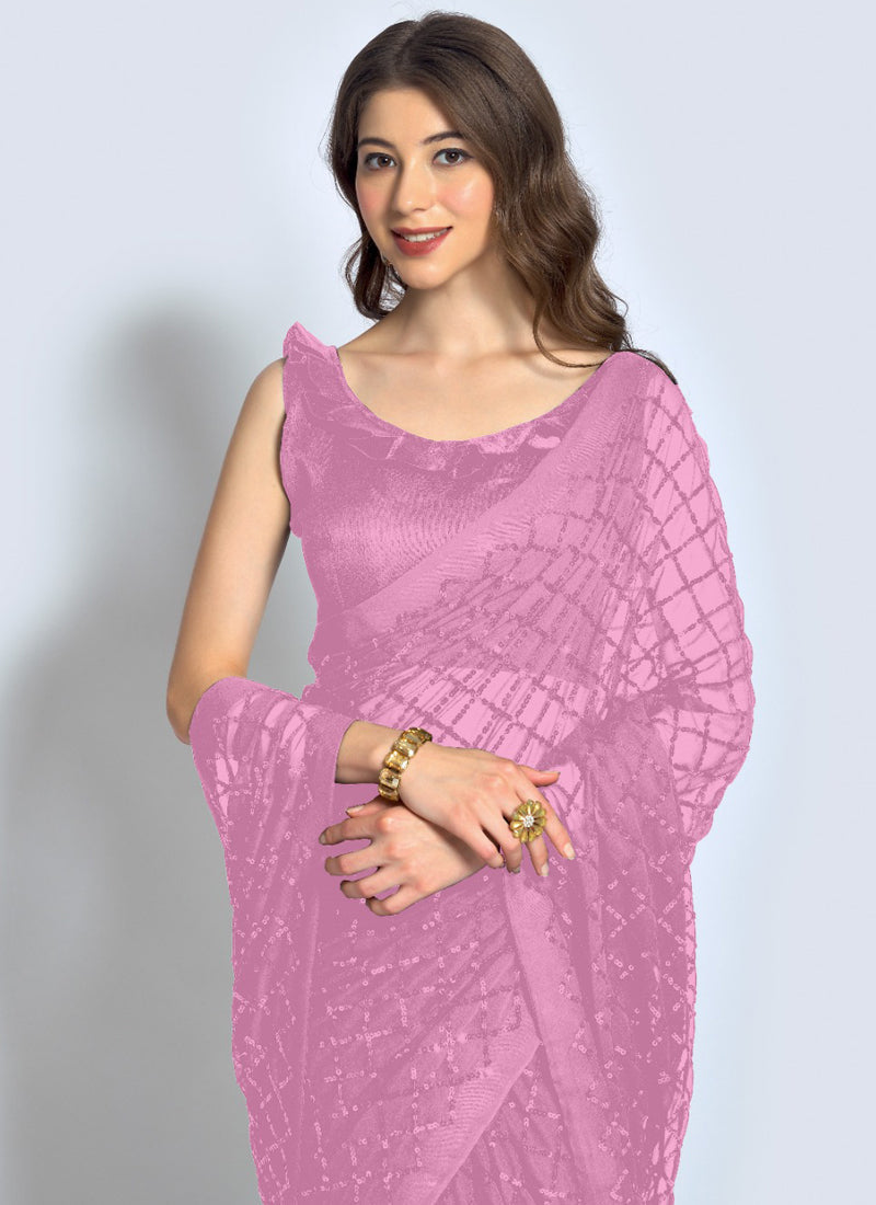 Vegaa Fashion Pink Georgette Sequence Party Wear Saree | Grocsy