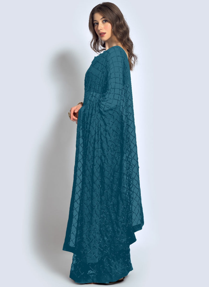 Vegaa Fashion Aqua Georgette Sequence Party Wear Saree | Grocsy