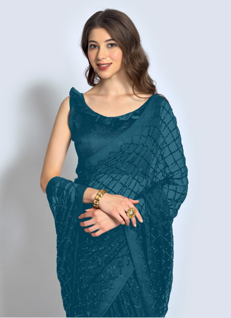 Vegaa Fashion Aqua Georgette Sequence Party Wear Saree | Grocsy