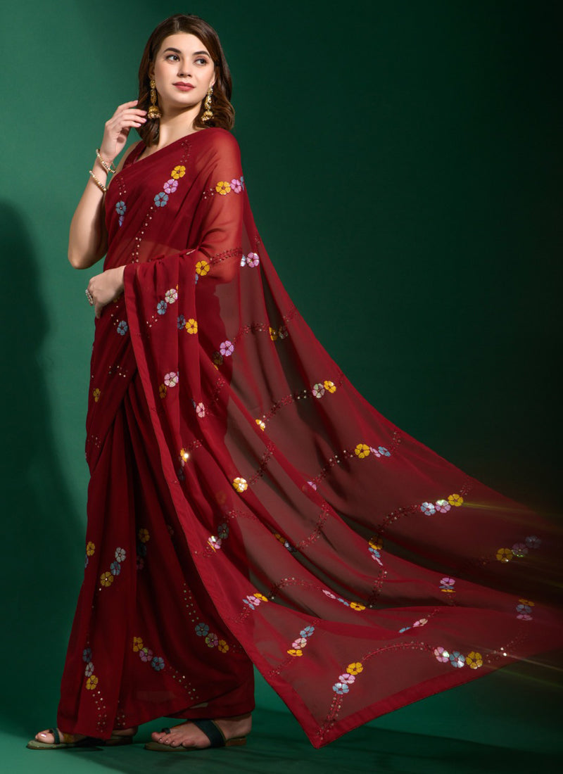 Vegaa Fashion Maroon Georgette Sequence Party Wear Saree | Grocsy