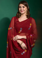 Vegaa Fashion Maroon Georgette Sequence Party Wear Saree | Grocsy