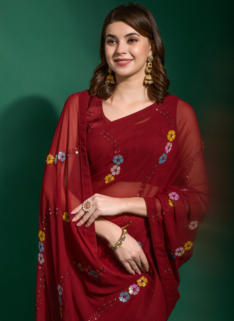 Vegaa Fashion Maroon Georgette Sequence Party Wear Saree | Grocsy