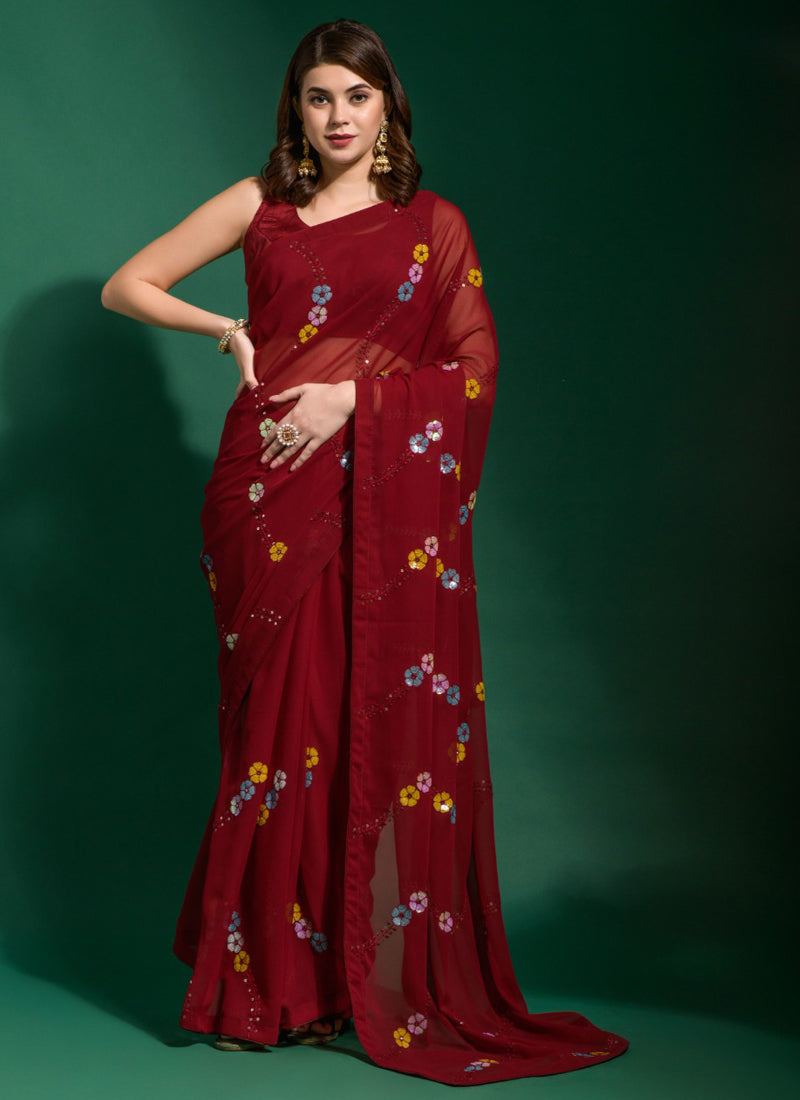 Vegaa Fashion Maroon Georgette Sequence Party Wear Saree | Grocsy