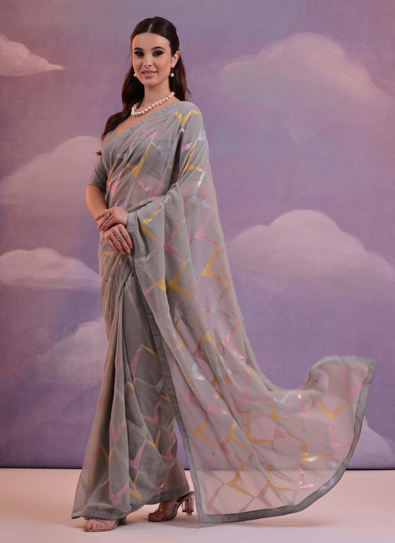 Vegaa Fashion Grey Heavy Georgette Sequence Work Saree | Grocsy