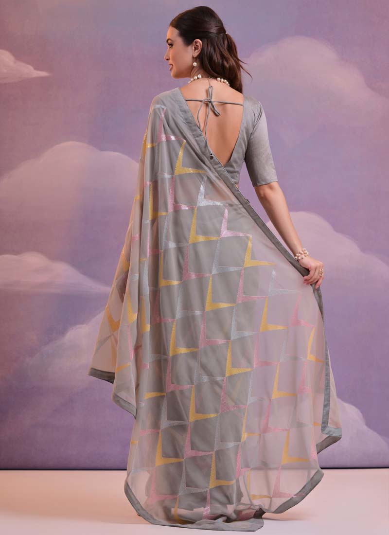 Vegaa Fashion Grey Heavy Georgette Sequence Work Saree | Grocsy