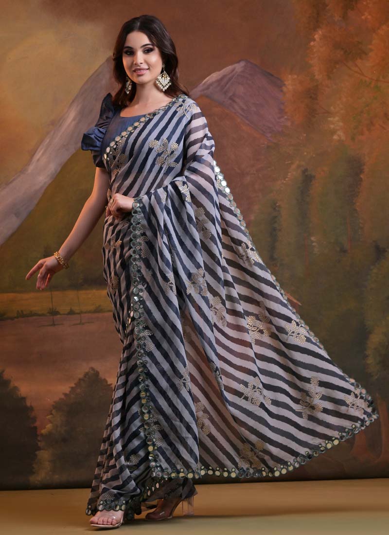 Vegaa Fashion Blue Georgette Leriya Print Designer Saree | Grocsy