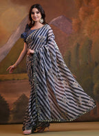 Vegaa Fashion Blue Georgette Leriya Print Designer Saree | Grocsy