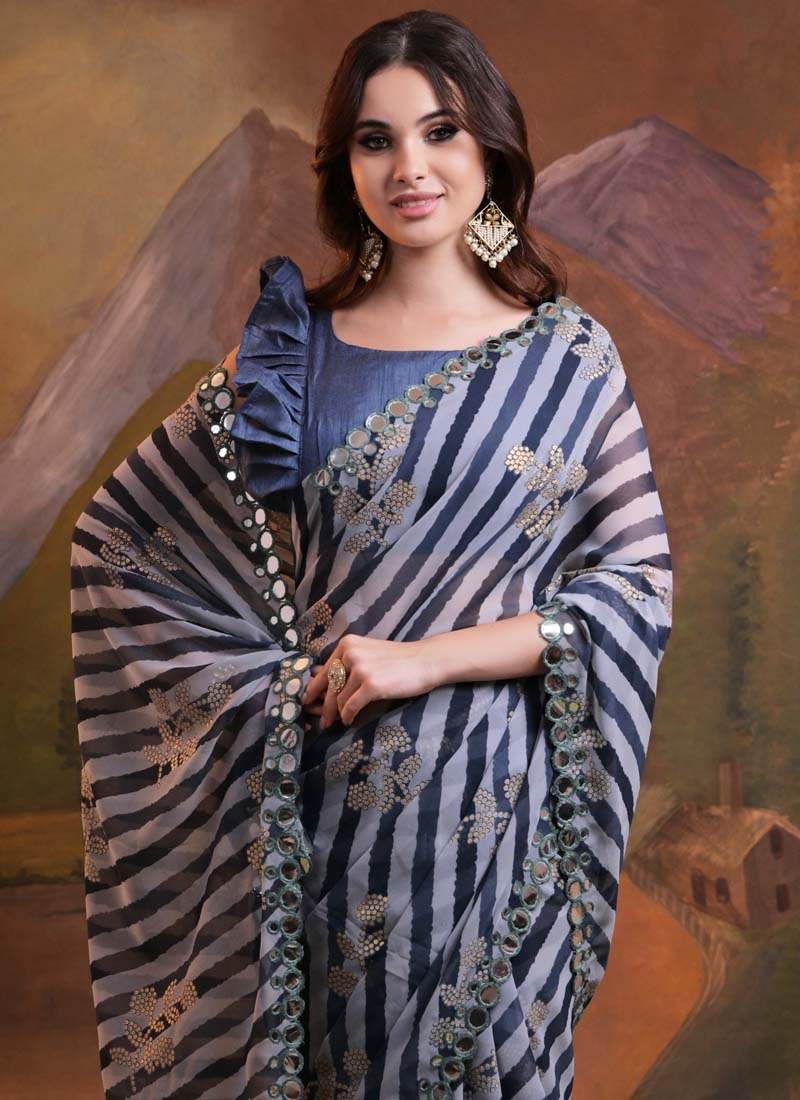 Vegaa Fashion Blue Georgette Leriya Print Designer Saree | Grocsy
