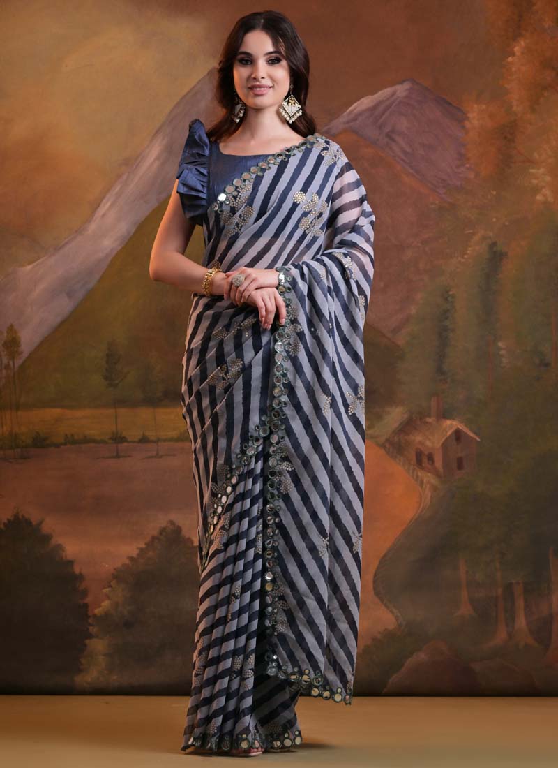 Vegaa Fashion Blue Georgette Leriya Print Designer Saree | Grocsy