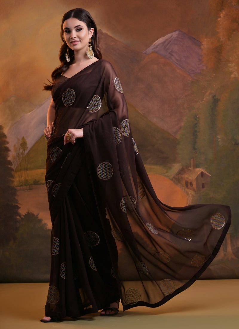 Vegaa Fashion Brown Heavy Georgette Sequence Work Saree | Grocsy