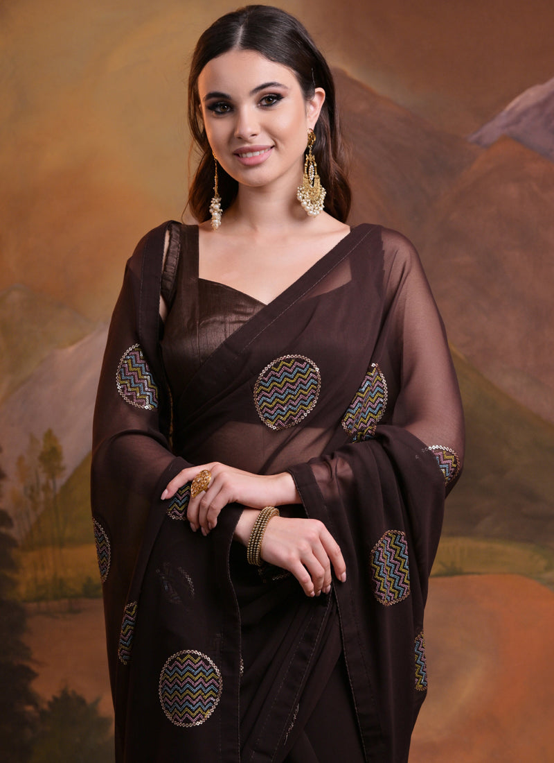 Vegaa Fashion Brown Heavy Georgette Sequence Work Saree | Grocsy