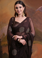 Vegaa Fashion Brown Heavy Georgette Sequence Work Saree | Grocsy