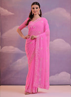 Vegaa Fashion Light Pink Grey Soft Georgette Sequence Work Saree | Grocsy